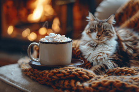 A cat naps on a cozy blanket next to a cup of hot chocolate with marshmallows, enjoying the warmth of a fireplace on a winter day.の素材