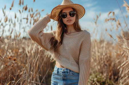 A woman in a cream-colored sweater and straw hat poses in a field of tall grass.の素材
