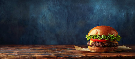 A juicy cheeseburger sits on a wooden table with a blue background.の素材