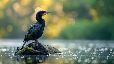 A black cormorant with white spots stands on a log in a shallow lake, with a blurry background of autumnal colors.の素材