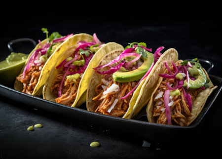 Close-up of four tacos filled with pulled pork, red onion, avocado, and cilantro. The tacos are served on a black plate.の素材