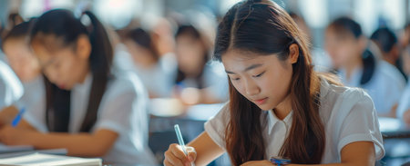 A young woman with long dark hair sits at a desk, focused on writing in her notebook during an exam.の素材