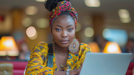 A young woman with curly hair, wearing glasses, is working on a laptop in a cafe. The lighting is warm and inviting, creating a cozy atmosphere.の素材