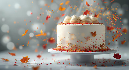 A white cake with orange and red sprinkles is shown on a white cake stand. Autumn leaves are falling around the cake.の素材