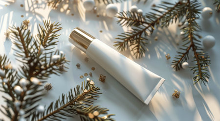A cream tube with a festive design sits on a table with golden glitter, surrounded by a pine branch adorned with ornaments.の素材