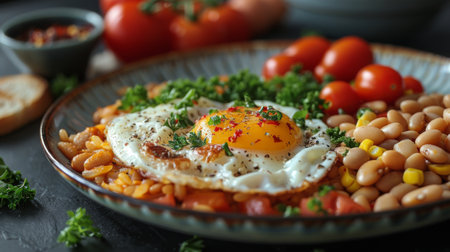 A close-up shot of a fried egg, baked beans, tomatoes, and parsley on a black plate.の素材