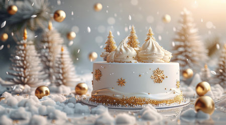 A white cake with golden accents sits in a snowy winter setting. The cake is decorated with small trees and is surrounded by glittering ornaments.の素材