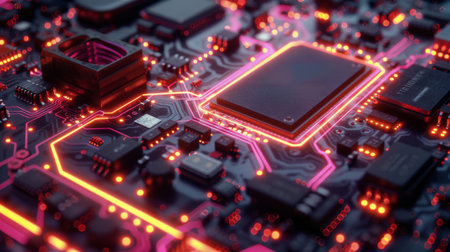 A close-up photograph of a circuit board with glowing red wires, showing the complex design and intricate details of modern electronics.の素材