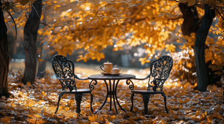 A table with two chairs sits beneath a tree with yellow leaves. There is a teacup and teapot on the table.の素材