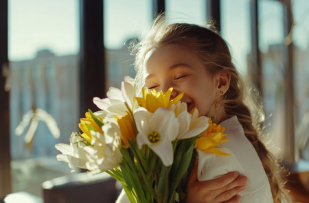 A young girl with blonde hair smiles as she holds a bouquet of yellow and white tulips, bathed in the golden light of a sunny day.の素材