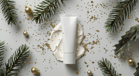 A white cream tube sits on a pink background surrounded by green branches and gold confetti.の素材