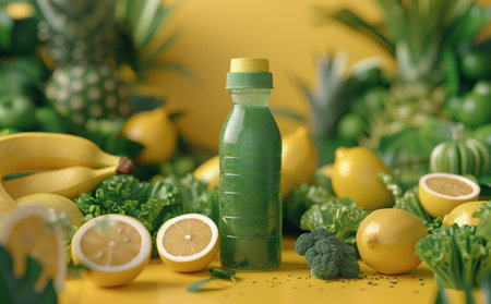 A green smoothie bottle surrounded by fresh fruits and vegetables, including bananas, lemons, broccoli, and lettuce, on a vibrant yellow background.の素材