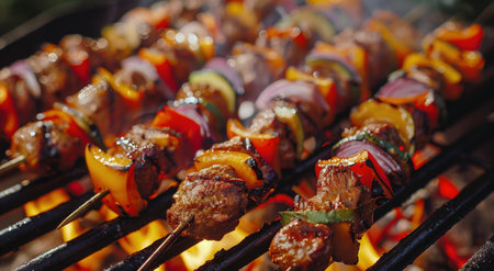 A close-up shot of grilled meat and vegetable skewers resting on a hot charcoal grill. The skewers are adorned with colorful bell peppers and zucchini, and the meat is sizzling and releasing fragrant smoke.の素材