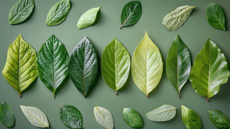 A flat lay of green leaves arranged on a dark background, showing their natural beauty and vibrant color.の素材