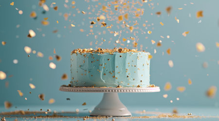 A blue birthday cake on a white pedestal with golden sprinkles falling on it against a light blue background.の素材
