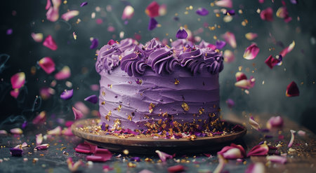 A close-up view of a purple cake decorated with gold flakes, surrounded by falling rose petals.の素材