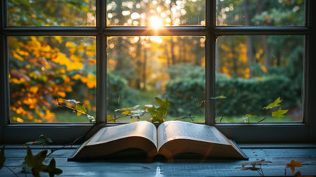 An open book sits on a windowsill, illuminated by sunlight streaming through the window. Green plants are visible in the foreground and background.の素材