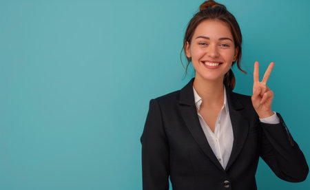 A woman in a black blazer and white shirt is smiling at the camera and making a peace sign with her right hand. The background is a bright blue.の素材