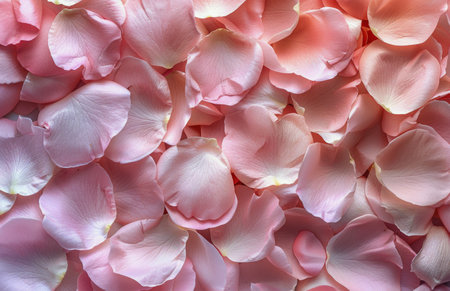 A close-up image showing a collection of soft pink rose petals.の素材