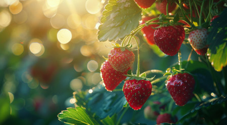 A close-up shot of ripe strawberries growing on a vine in the sunlight.の素材