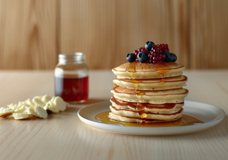 A close-up of a stack of pancakes with blueberries, raspberries, and syrup on a plate.の素材