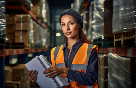 A woman wearing a safety vest and a beanie holds paperwork in a warehouse setting.の素材