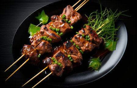 Closeup of grilled pork yakitori skewers with green onions and a savory glaze, resting on a black plate.の素材
