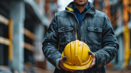 A close-up shot of a construction worker holding a yellow hard hat in their gloved hands during a rainstorm.の素材