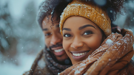 A close-up portrait of a smiling couple in winter, with snow falling around them.の素材