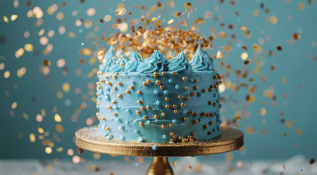 A blue birthday cake with gold confetti falling on it, against a blue background.の素材
