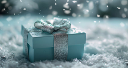 A blue gift box with a silver bow sits in a snowy landscape on a winter day.の素材
