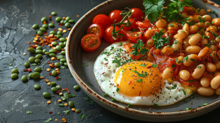 A close-up shot of a fried egg, baked beans, tomatoes, and parsley on a black plate.の素材