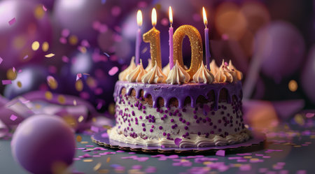 A purple birthday cake with a white frosting drizzle, topped with gold candles shaped like the number ten. The cake is surrounded by purple and gold confetti.の素材