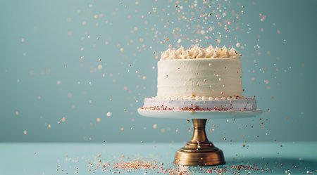 A white cake with a swirl of frosting sits on a gold cake stand. Colorful sprinkles fall around the cake.の素材