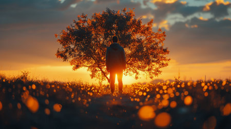 A silhouette of a man standing under a large tree at sunset. The sky is a vibrant mix of orange, pink, and blue, creating a beautiful backdrop.の素材