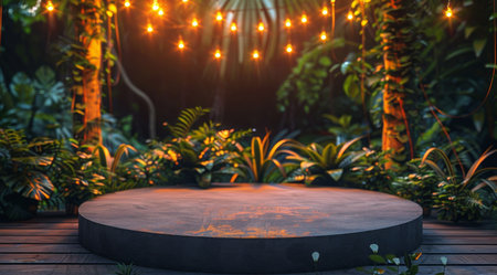 A wooden platform with string lights is set up in a garden, creating a romantic and inviting atmosphere.の素材