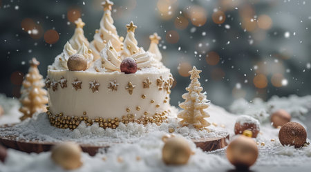 A white cake decorated with gold details and miniature Christmas trees sits on a wooden surface covered in snow.の素材