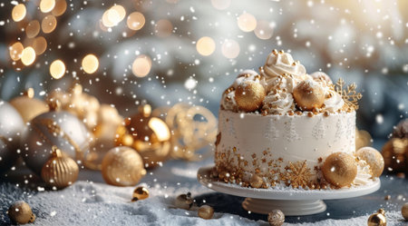 A white cake adorned with gold ornaments and snowflakes, surrounded by festive decorations and faux snow, creating a beautiful Christmas scene.の素材