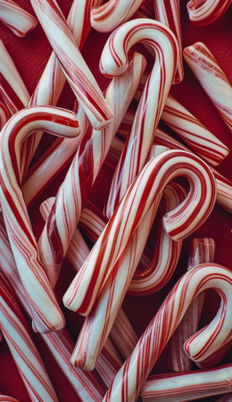 A close-up image of red and white candy canes. The candy canes are twisted and arranged in a random pattern.の素材
