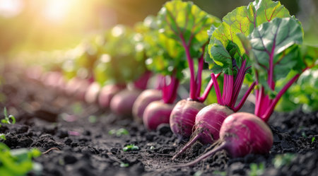 A row of vibrant red beetroot in a garden, with green leaves and bright sunlight.の素材