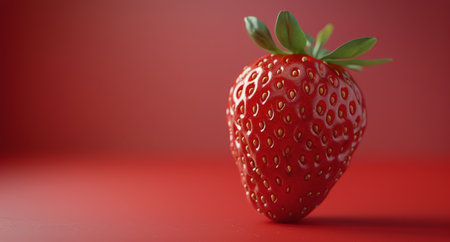 Close-up of a single red strawberry with green leaves, covered in water droplets, sitting on a red background with blurred strawberries and water droplets.の素材