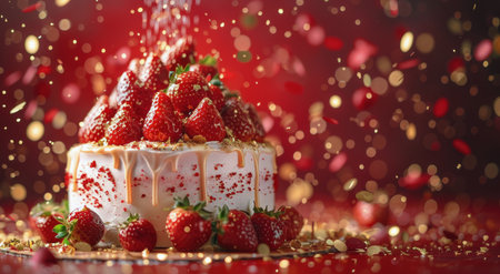 A red velvet cake topped with fresh strawberries, a golden drizzle, and confetti falling around it.の素材
