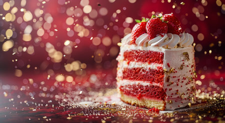 A red velvet cake topped with fresh strawberries, a golden drizzle, and confetti falling around it.の素材