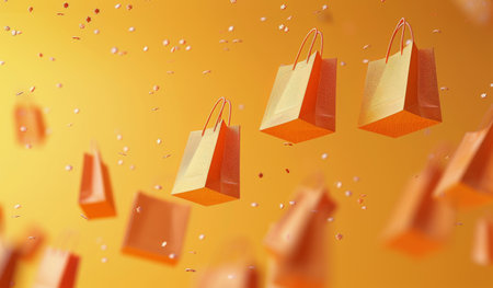 A collection of orange shopping bags are floating against a vibrant yellow background.の素材