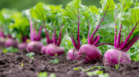 Close-up of mature purple beets growing in rich soil with green leaves.の素材