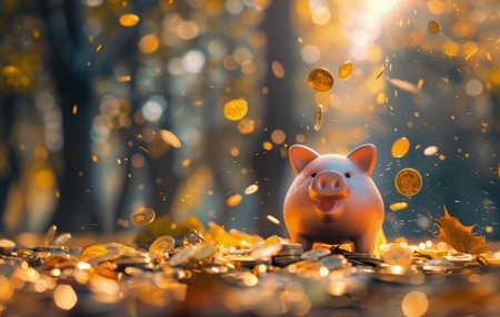 A pink piggy bank stands in a pile of coins, with more coins falling from above in a forest setting.の素材