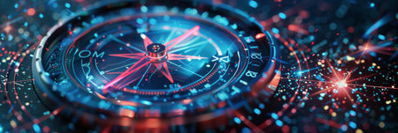 Close-up of a futuristic compass with glowing circuits and lights.の素材