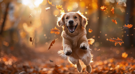 A golden retriever dog joyfully runs through a forest, leaping in the air with a happy expression as leaves fall around it.の素材