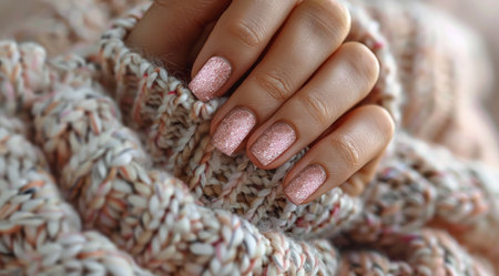 A close up of a womans hand resting on a knitted sweater, showcasing pink glitter nail polish.の素材