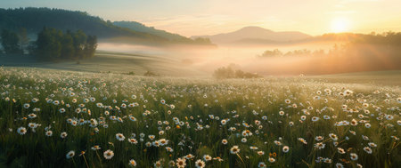 A beautiful sunrise casts a warm glow over a meadow blanketed in fog and white wildflowers.の素材